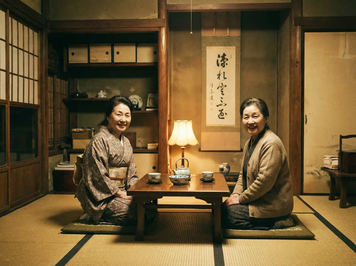 两位优雅的 好色tv 在日式茶室中品茶交谈